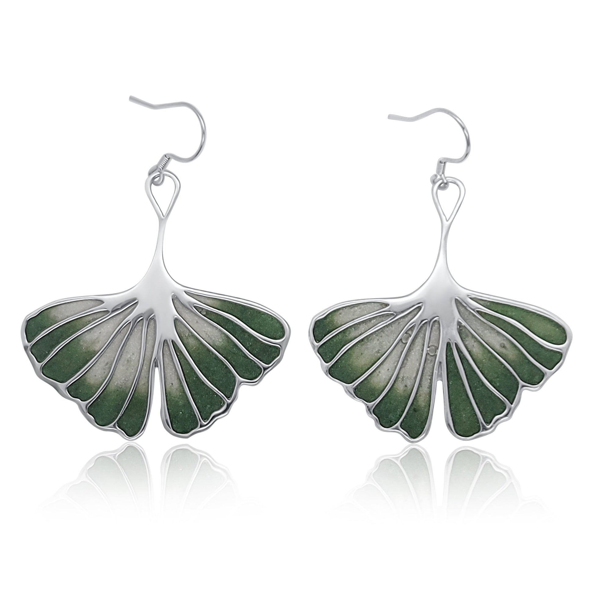 nanahana silver ginkgo leaf dangle earrings with green ombre resin infill