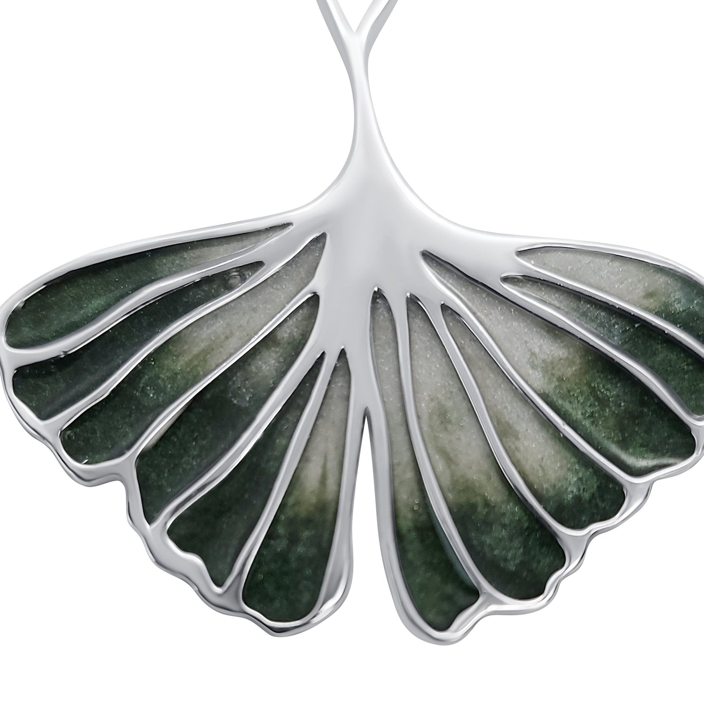 close up of nanahana silver ginko leaf dangle earrings with green ombre resin infill