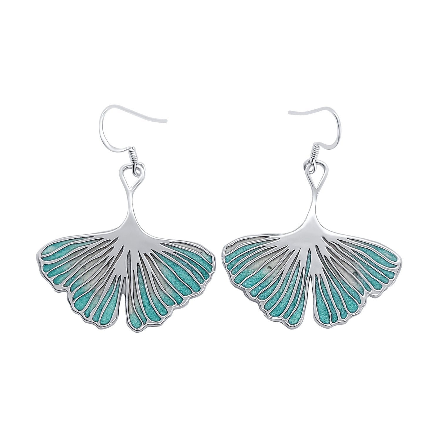 Adia Ginkgo Leaf Silver earrings with Turquoise Ombre fade TOP VIEW 