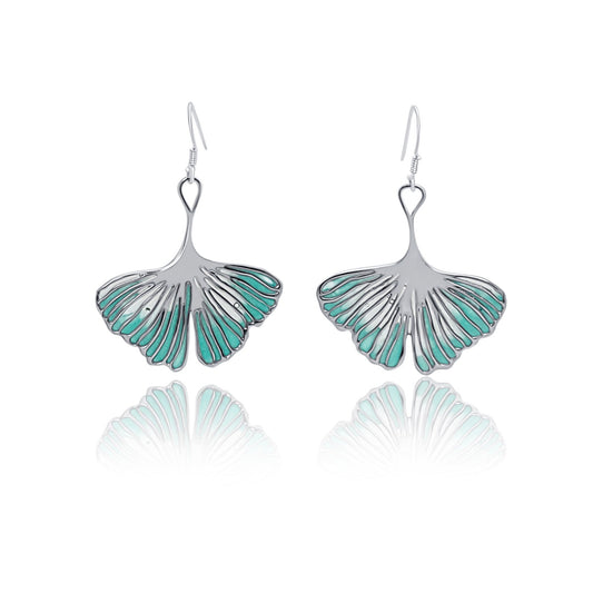Adia Ginkgo Leaf Silver earrings with Turquoise Ombre fade