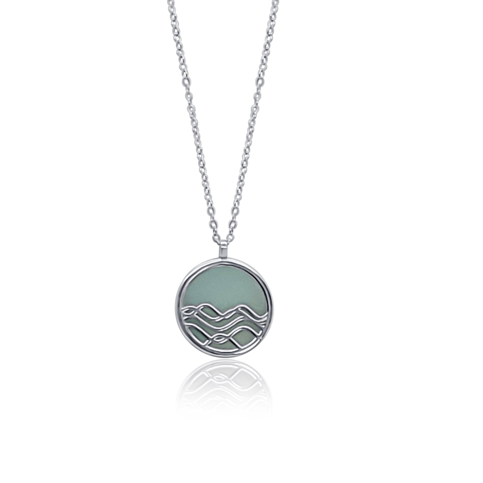 silver amazonite necklace. circle ocean wave necklace with reversible green amazonite background.