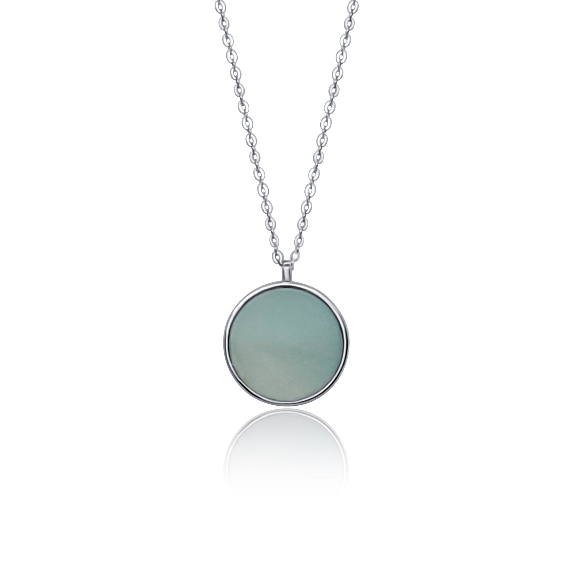 back side of silver amazonite necklace. circle ocean wave necklace with reversible green amazonite background.