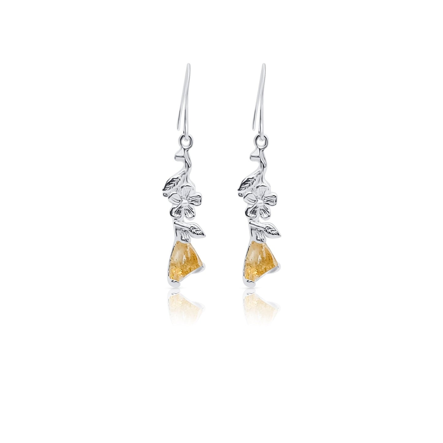 raw citrine with silver flowers on dangle earrings