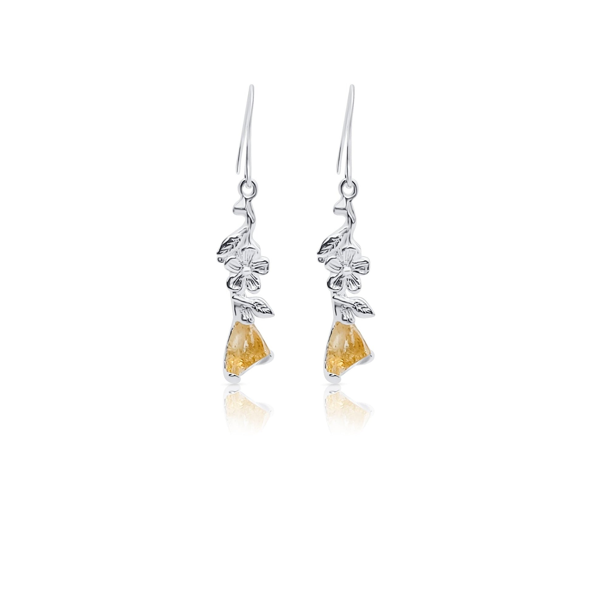 raw citrine with silver flowers on dangle earrings