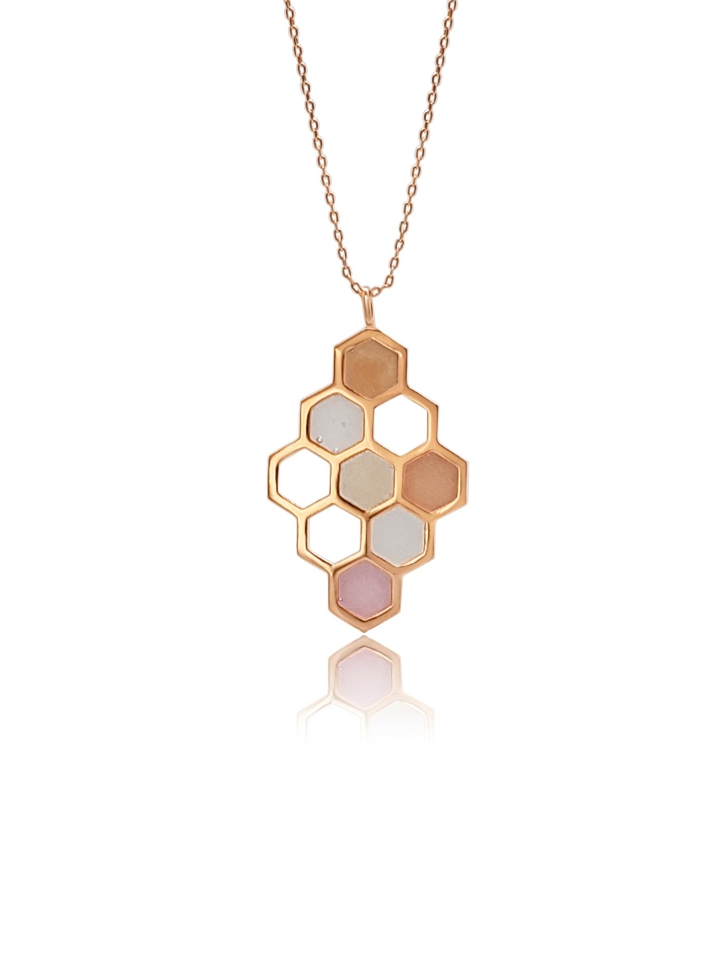 18k Rose Gold Vermeil honeycomb necklace with the individual hexagons filled with soft yellows, golds and pinks. colorful pendant necklace