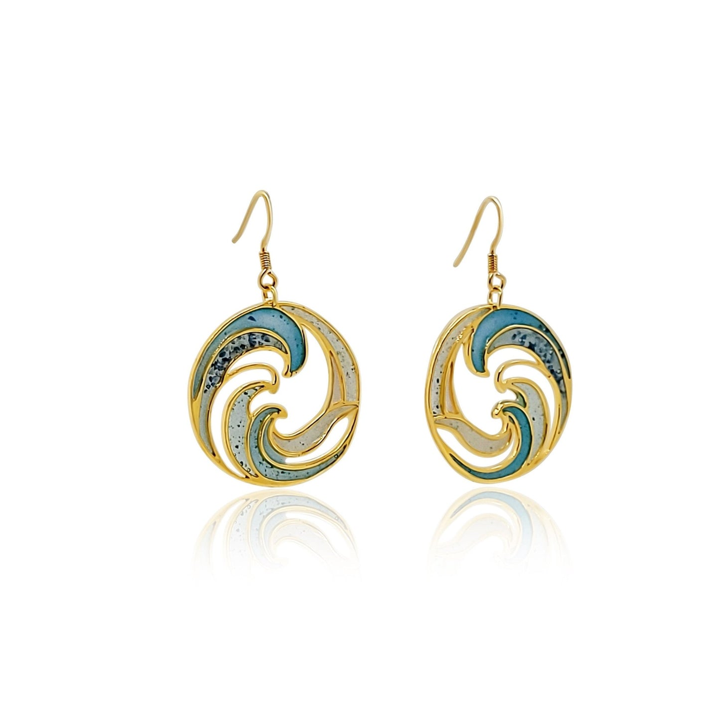 Gold and Blue Ocean Circle Earrings. Blue resin and crushed gemstone inlay inside gold surf wave earring