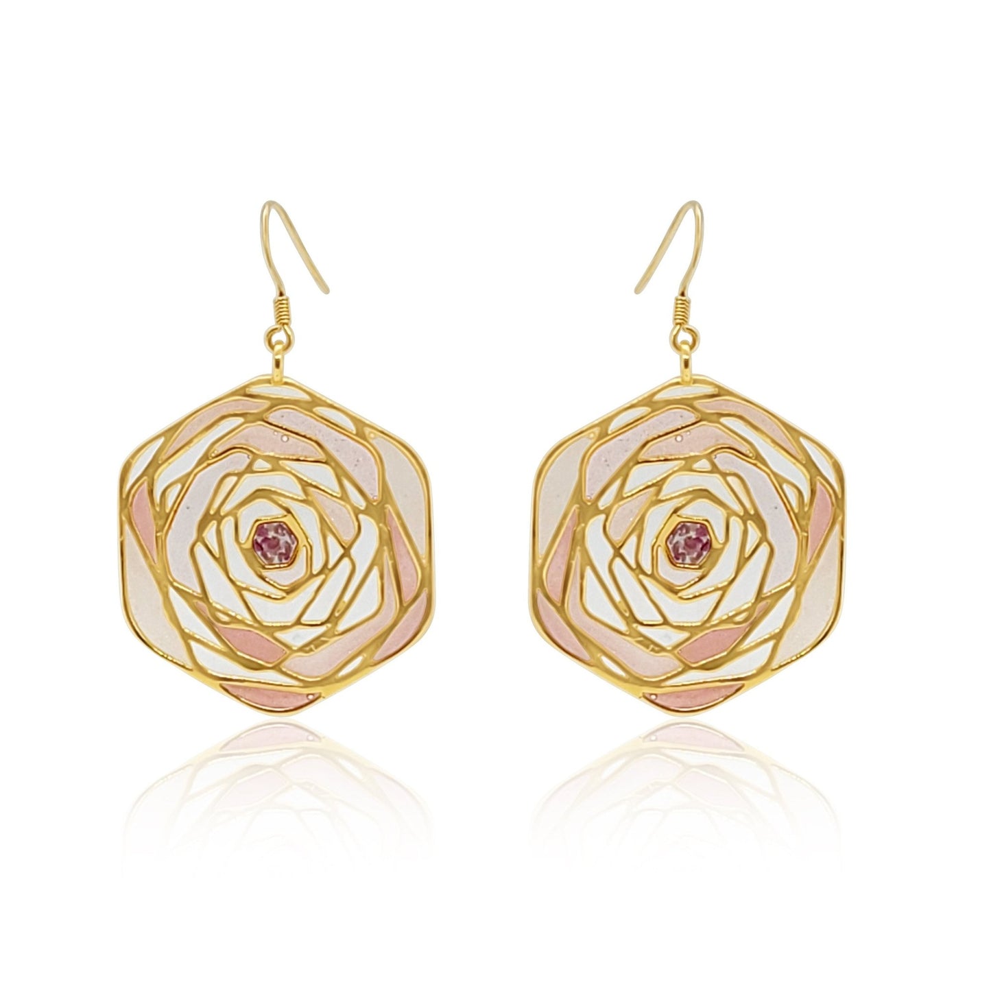 Gold Rose Dangle Earrings.  crushed gemstone inlay inside gold rose earring