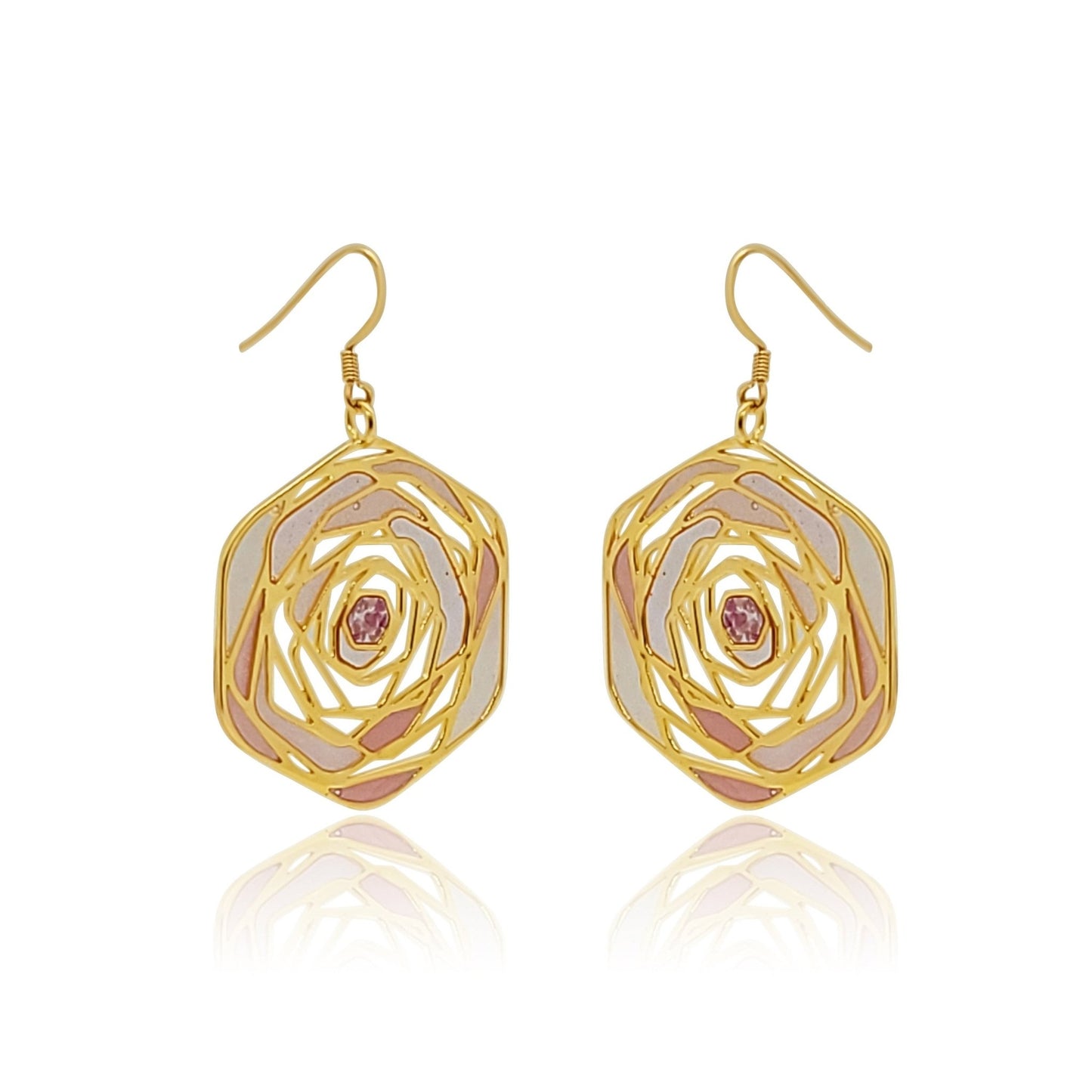 Gold Rose Dangle Earrings with colorful gem and resin inlay