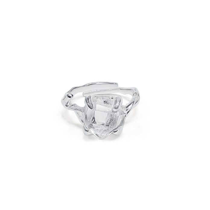 herkimer diamond adjustable silver ring with claw setting and branch shaft design