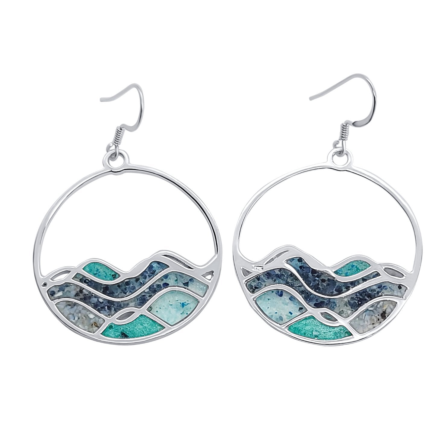 Top view of High Tide Blue Ocean Wave Circle Earrings with resin, sapphires, mica, turquoise and malachite 
