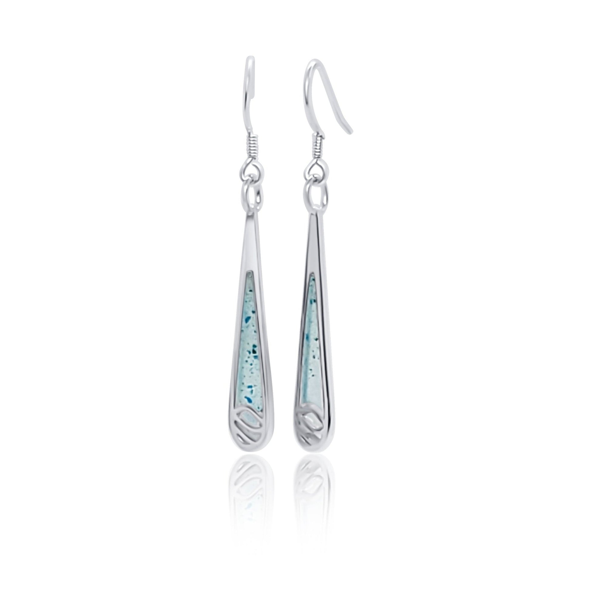 side view of Indra silver raindrop earrings coloured blue with turquoise and resin inlay (10)