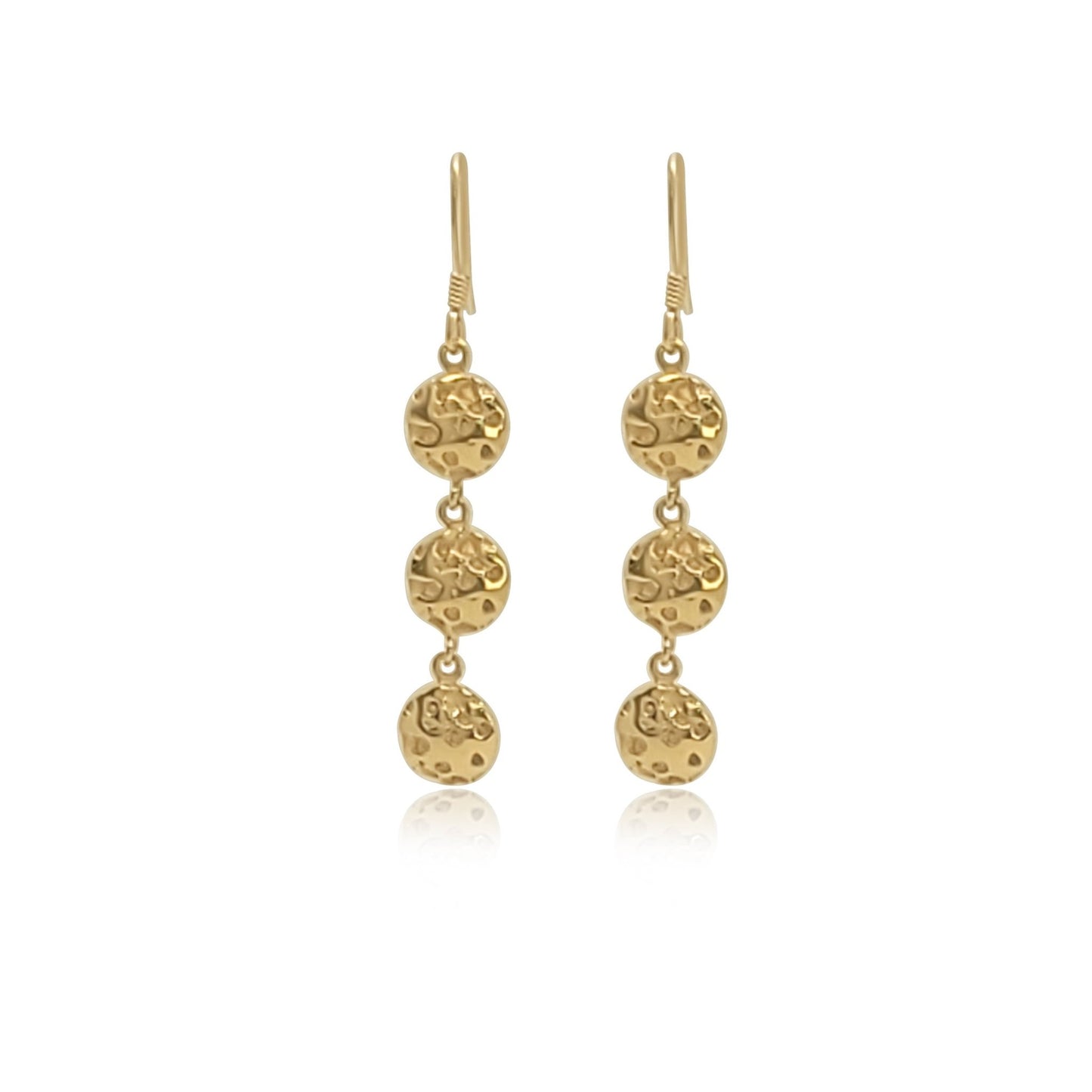 Meribel Gold chandelier earrings. 3 gold circle long earrings with natural shell texture.