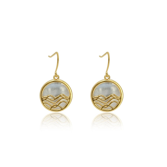 gold mother of pearl circle earrings. ocean wave dangle earrings