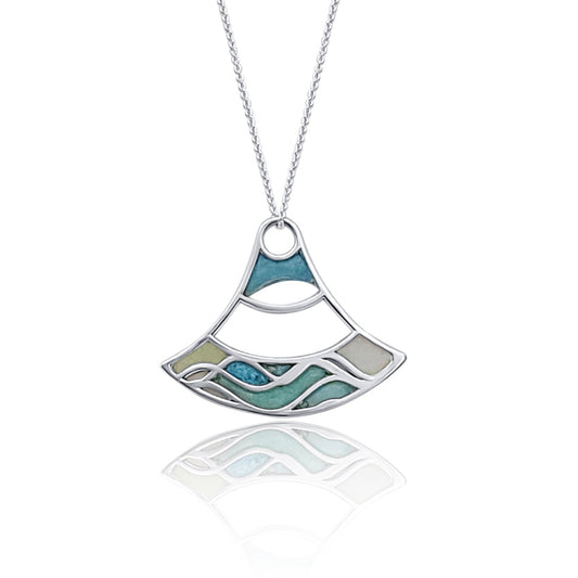 Nalu double wave design with blue water design statement pendant necklace close up