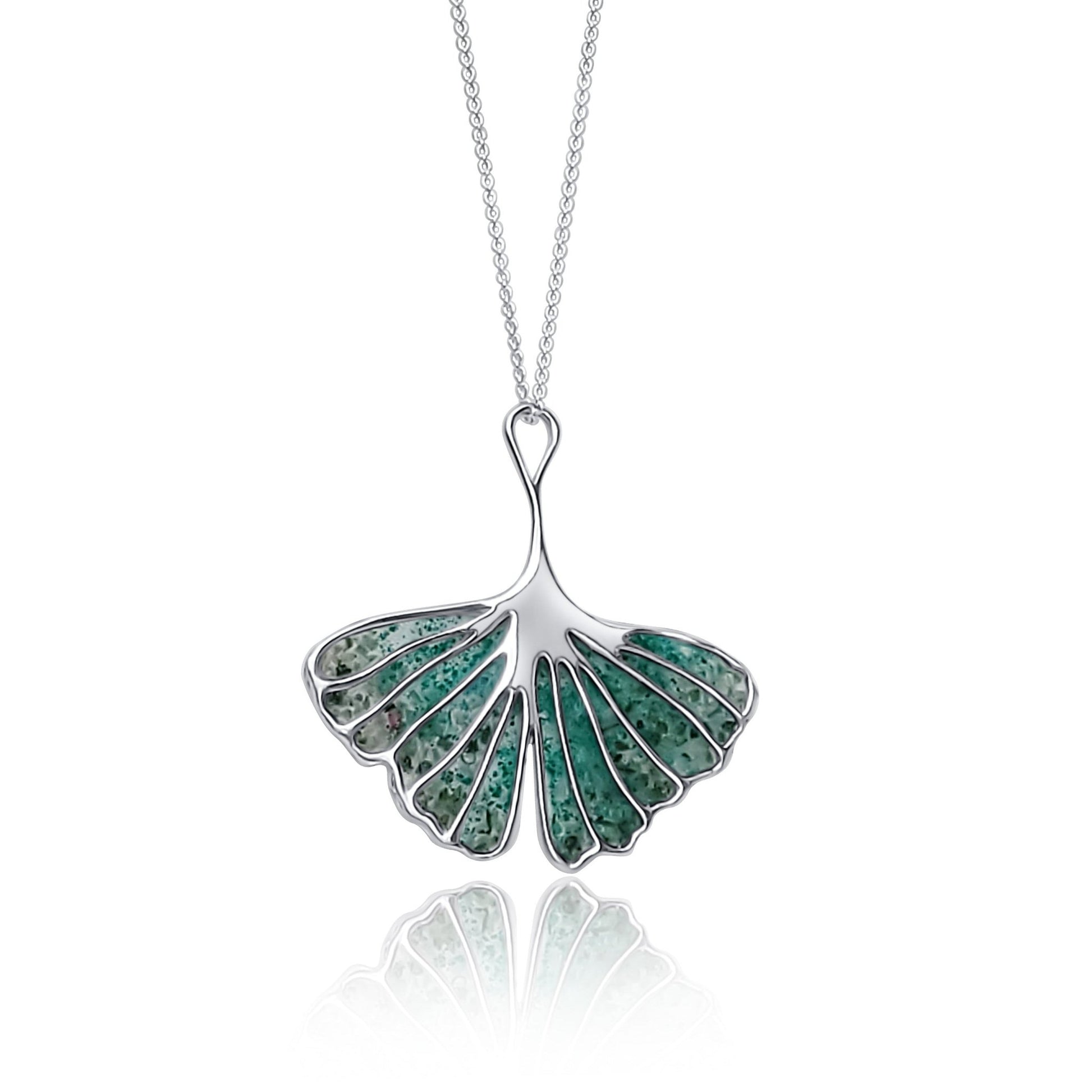 Nanahana green Ginkgo Leaf Silver Pendant Necklace with malachite, emeralds and resin inlay