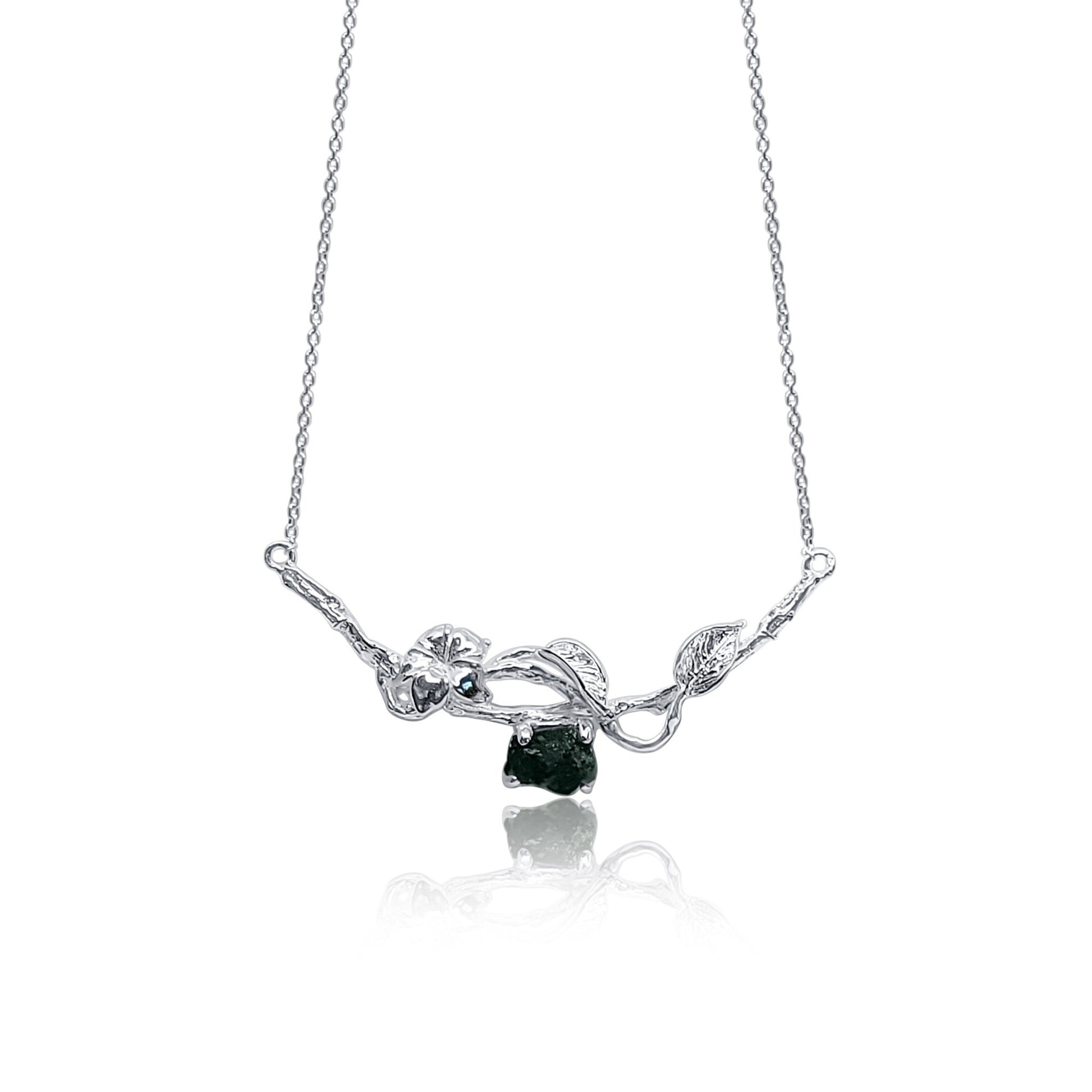 flower, leaf and branch silver necklace with natural emerald stone on adjustable necklace chain