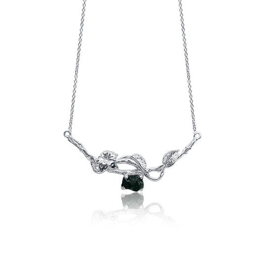 flower, leaf and branch silver necklace with natural emerald stone on adjustable necklace chain