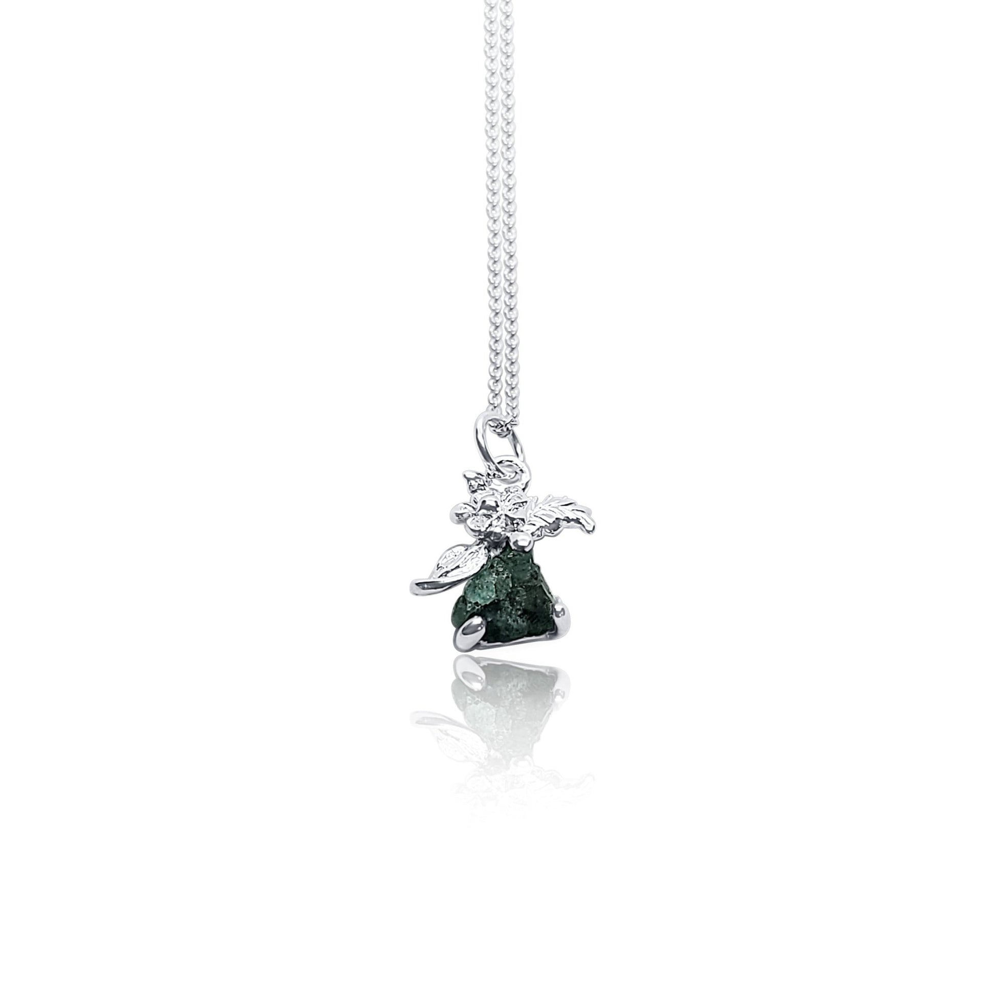 silver flower and leaf pendant necklace with natural emerald stone on silver necklace chain