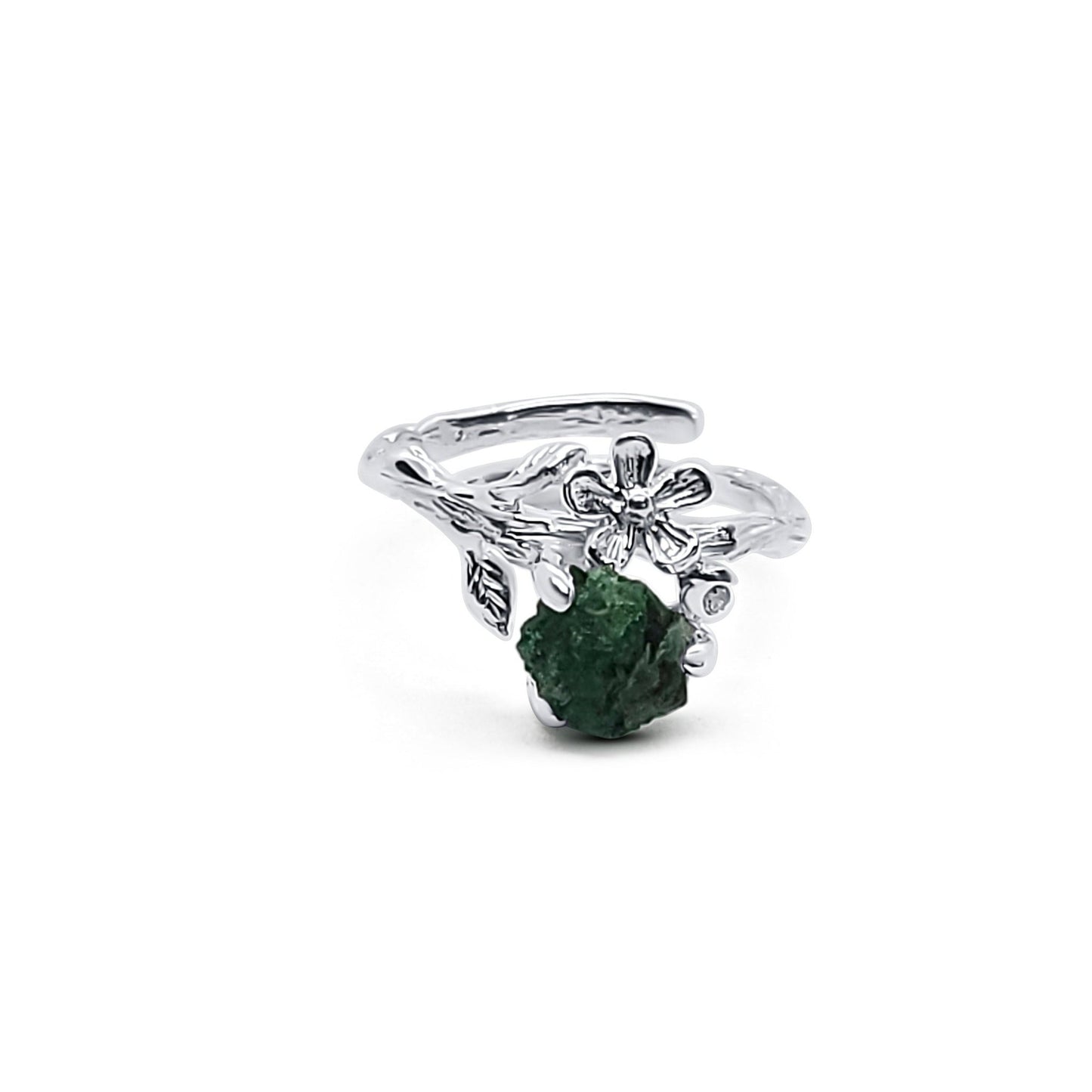 Natural Emerald Flower Silver Ring 2