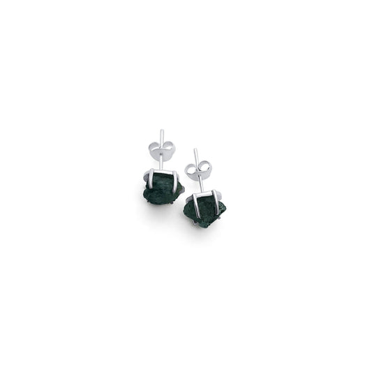 minimalist silver stud earrings with natural raw emeralds