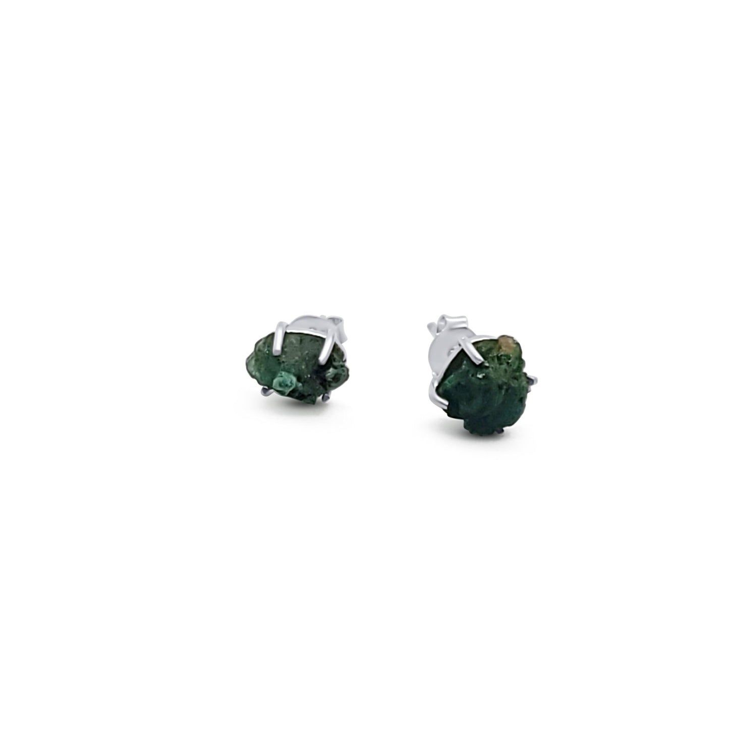  natural raw emerald silver stud earrings with minimalist prong setting 