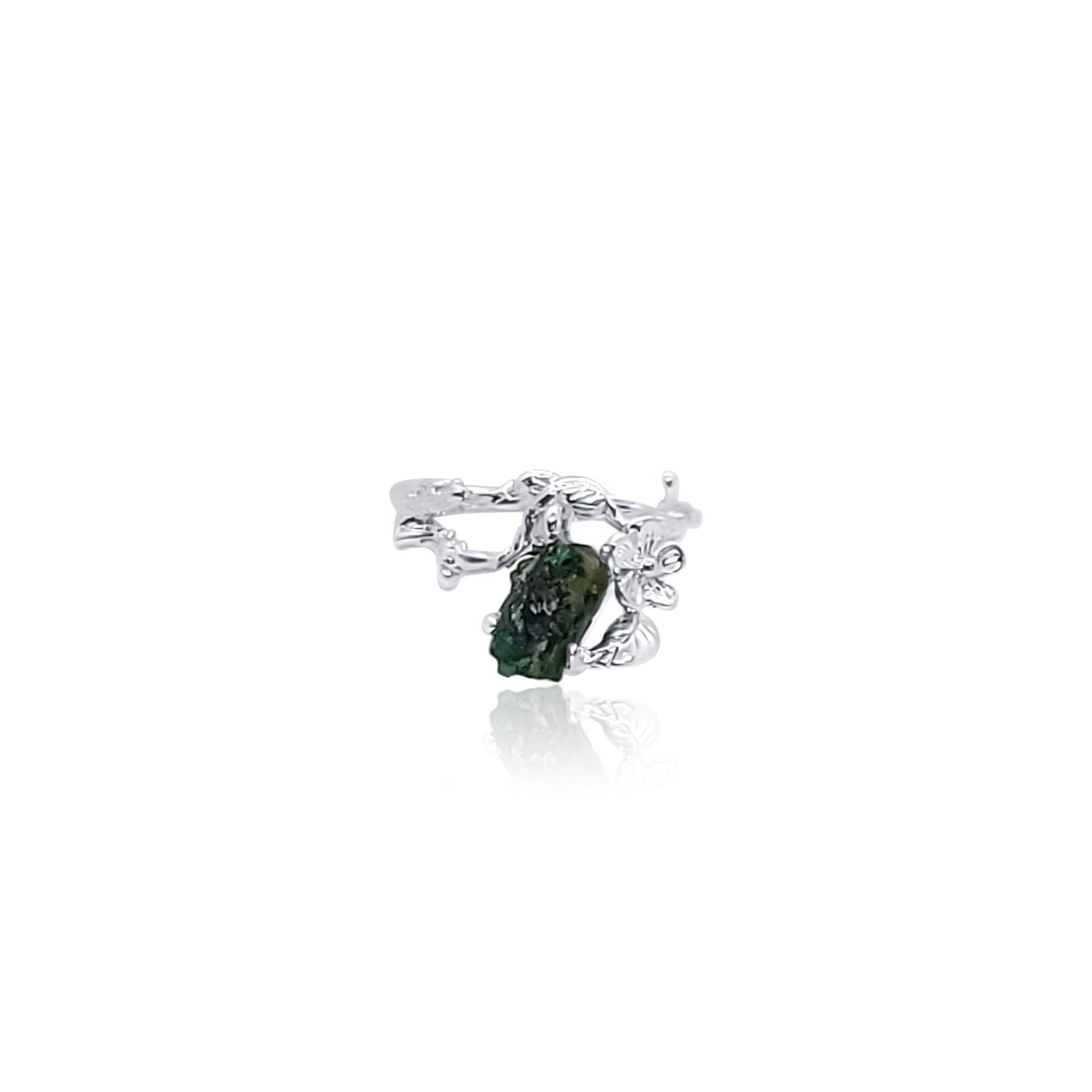 raw cut emerald ring sterling silver floral setting