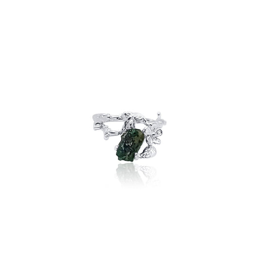 raw cut emerald ring sterling silver floral setting