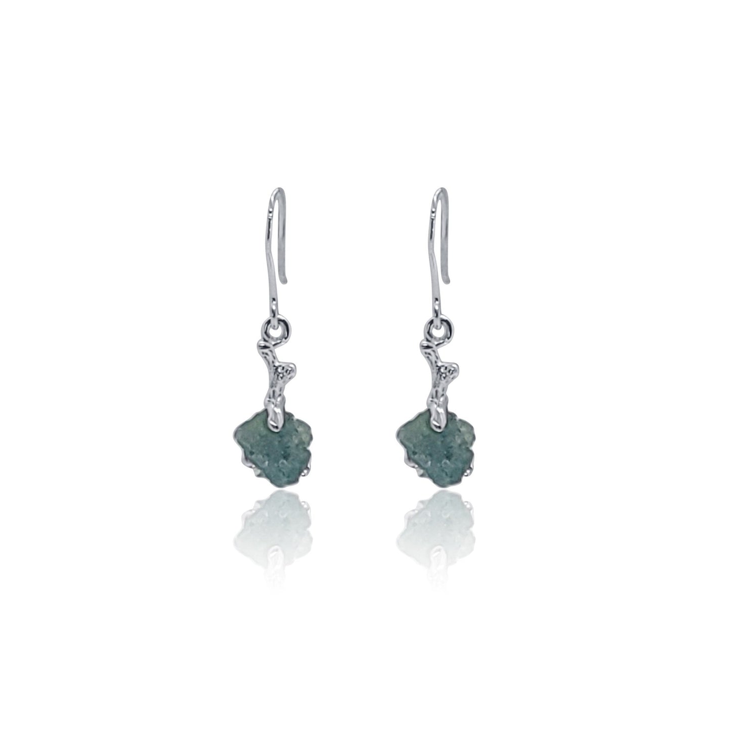 front view of Natural Raw Emerald Silver Branch  Dangle Earrings