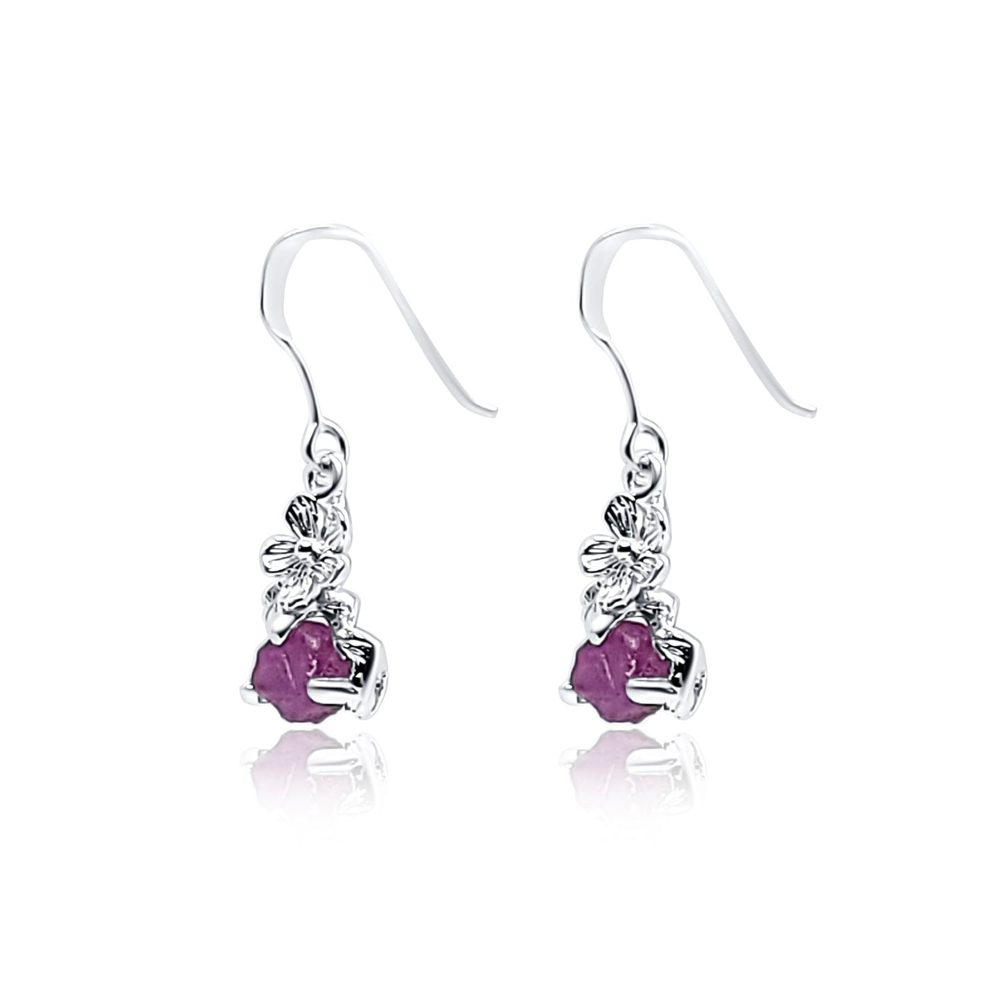 side view of Natural raw ruby dangle earrings with silver flowers