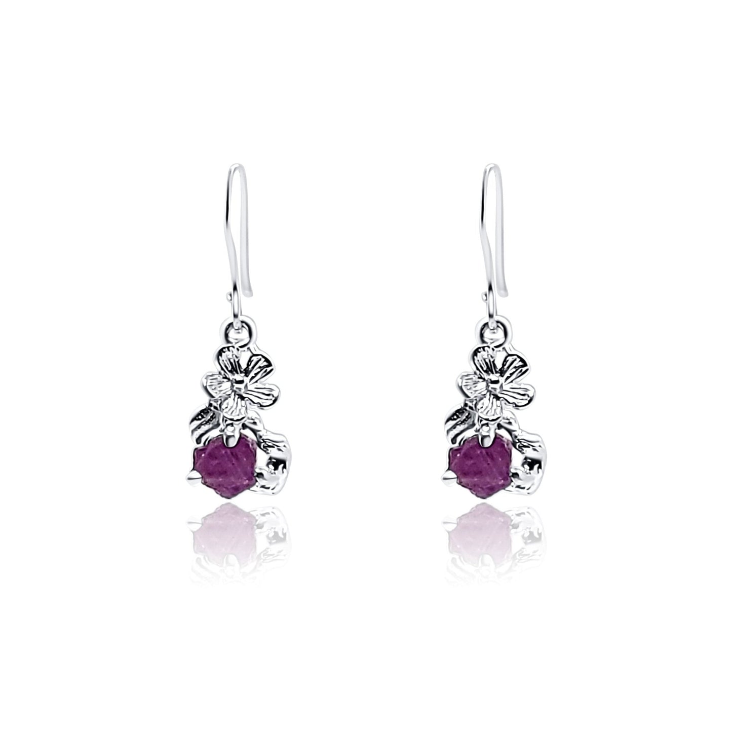 Natural raw ruby dangle earrings with silver flowers