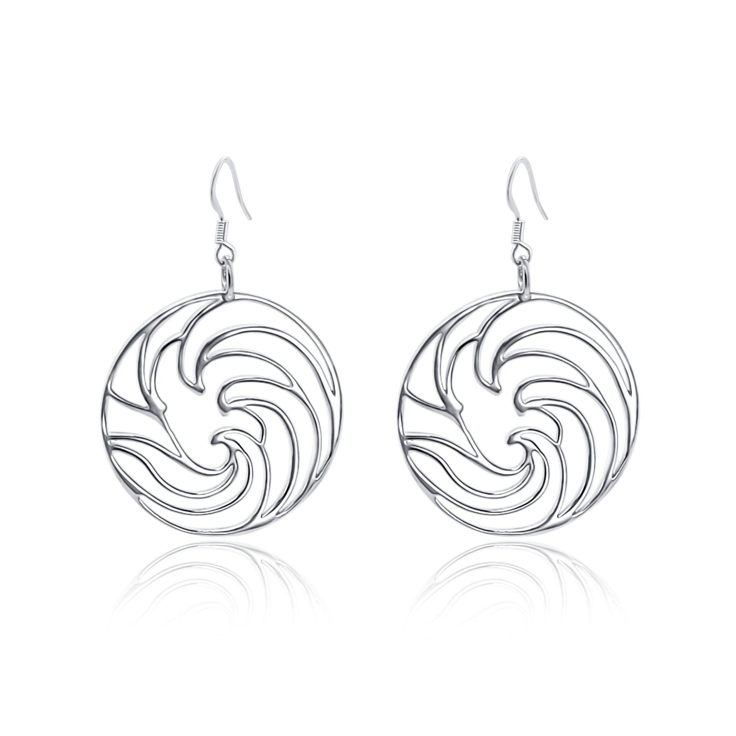 silver ocean wave circle earrings. dangle earrings on French ear wires