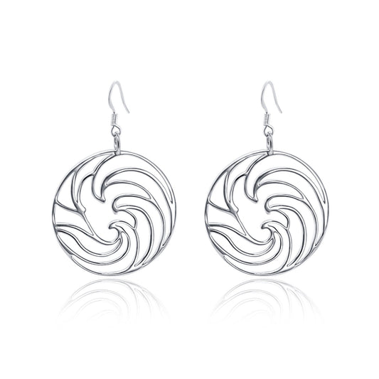 silver ocean wave circle earrings. dangle earrings on French ear wires