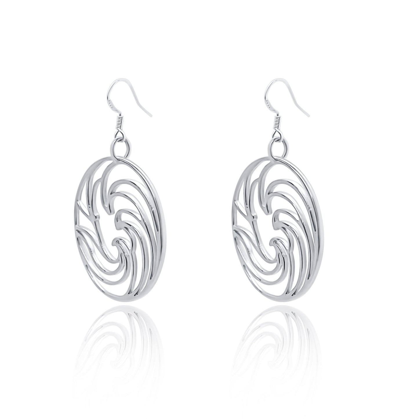 side view of silver ocean wave circle earrings. dangle earrings on French ear wires