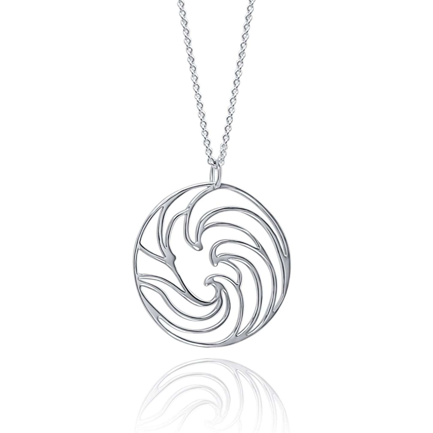 close up of Ocean Circle Silver Pendant Necklace on silver necklace chain