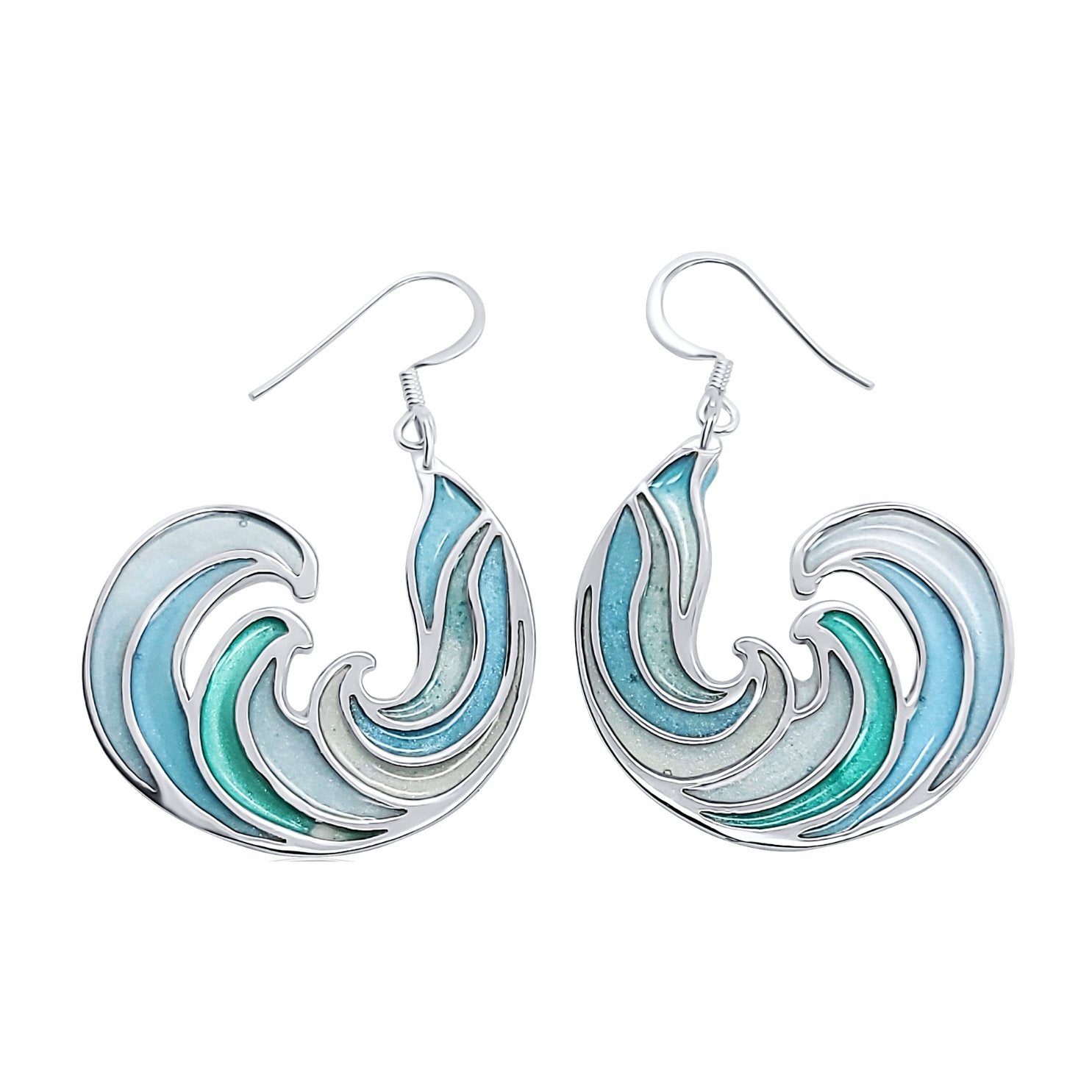 top view of blue ocean surf wave ocean curl earrings coloured with blues and greens