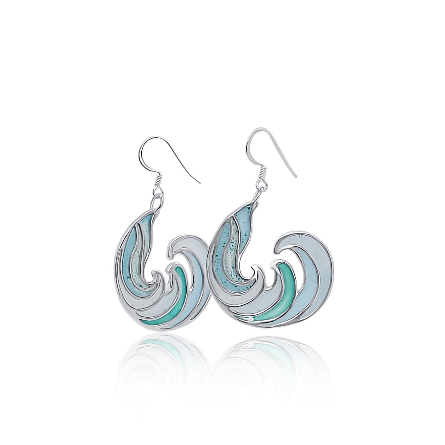 blue ocean surf wave ocean curl earrings coloured with blues and greens