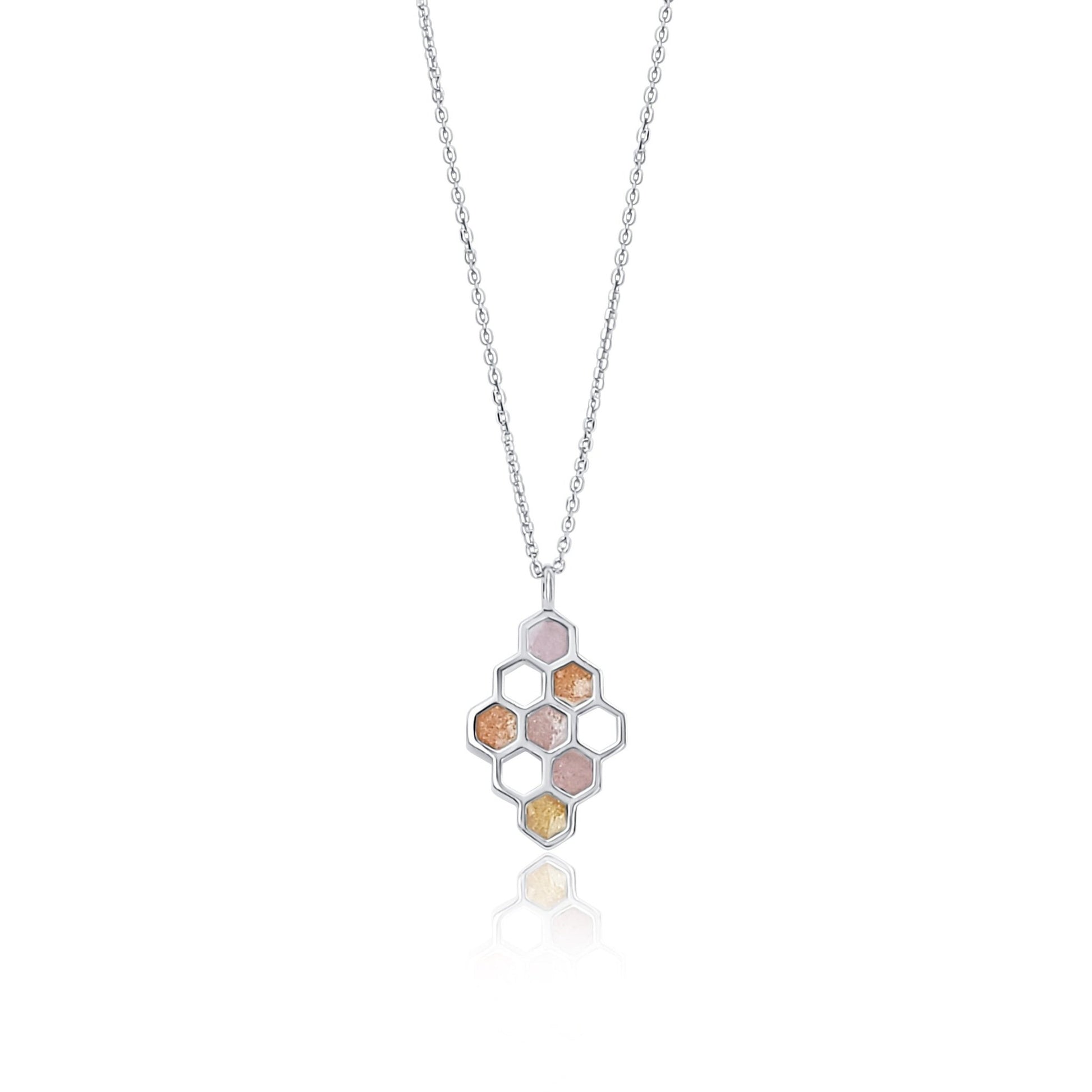 Petite honeycomb silver and rose and gold resin pendant necklace 1