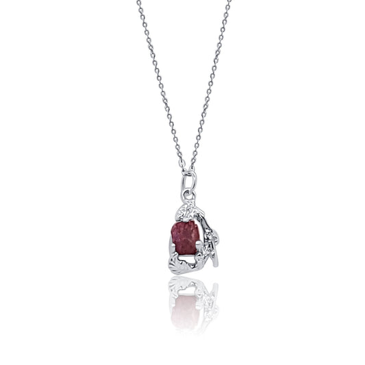 One of a Kind Pink Tourmaline Silver Branch and Leaf Pendant Necklace