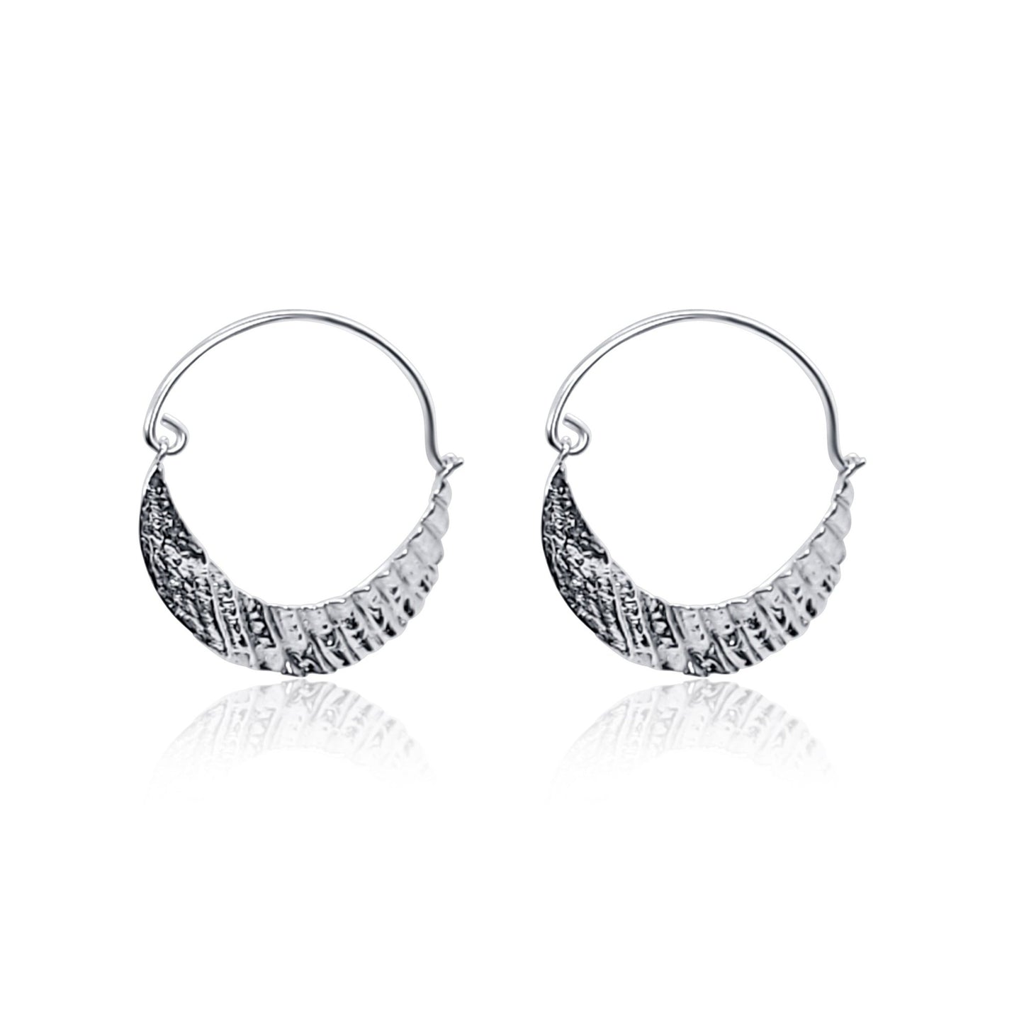 seashell textured silver crescent moon hoop earrings