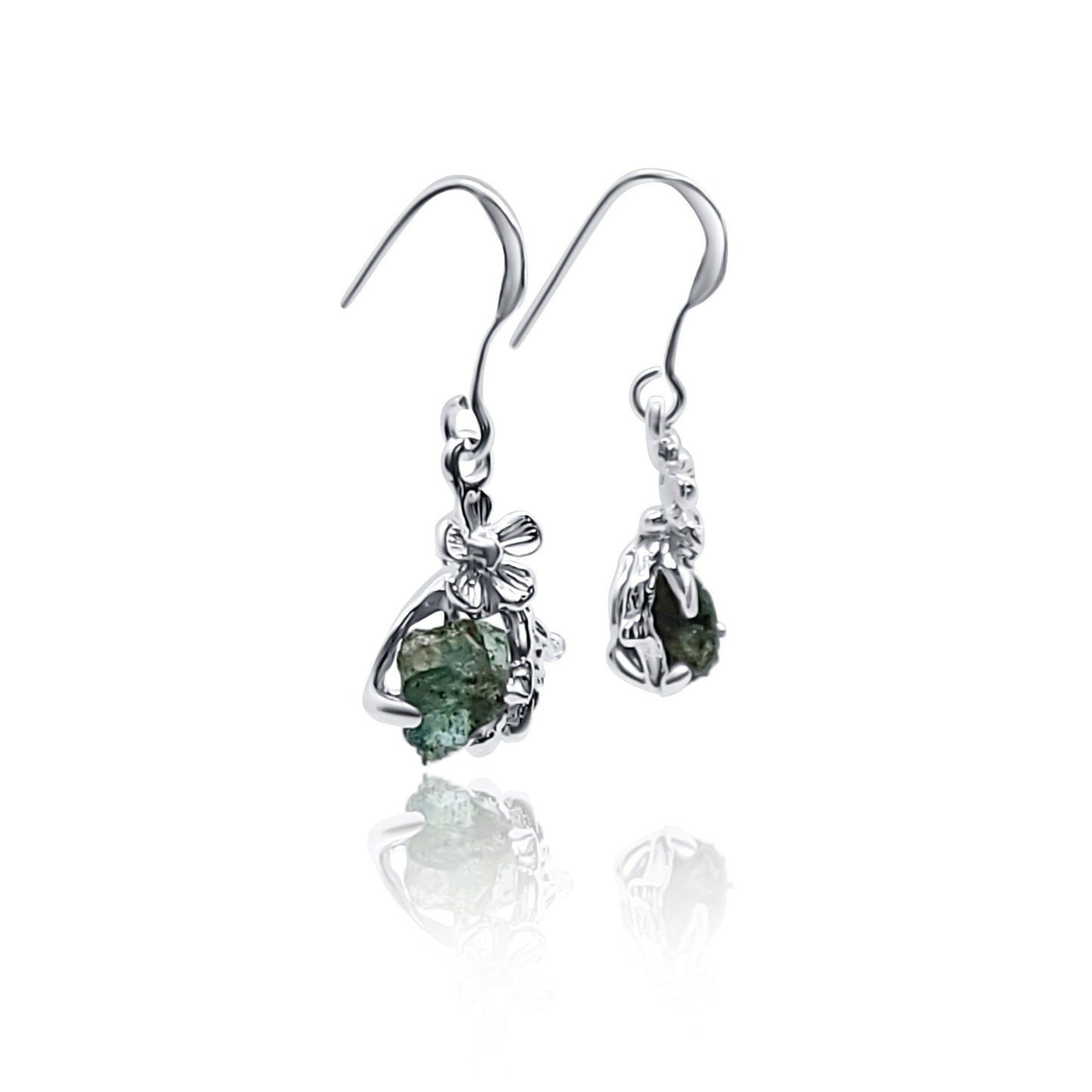 angle view of raw natural emerald sterling silver floral earrings