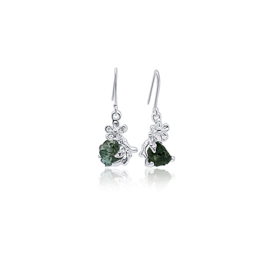 raw natural emerald silver flower dangle earrings