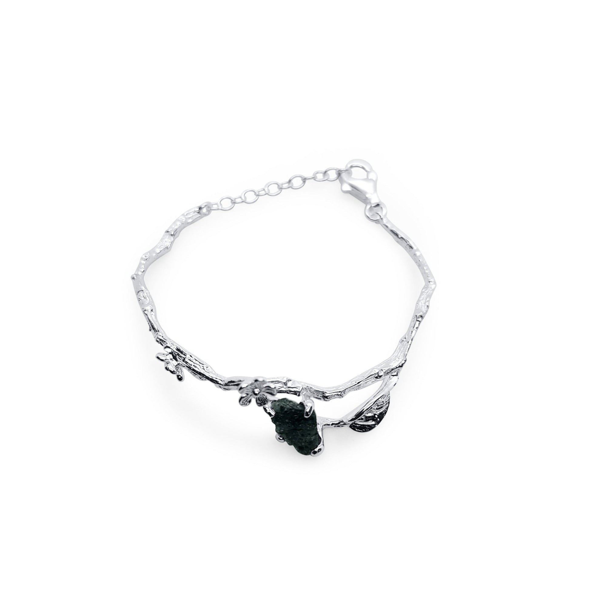one of a kind silver branch bracelet with silver flowers, leaves and natural raw emerald stone and adjustable closure