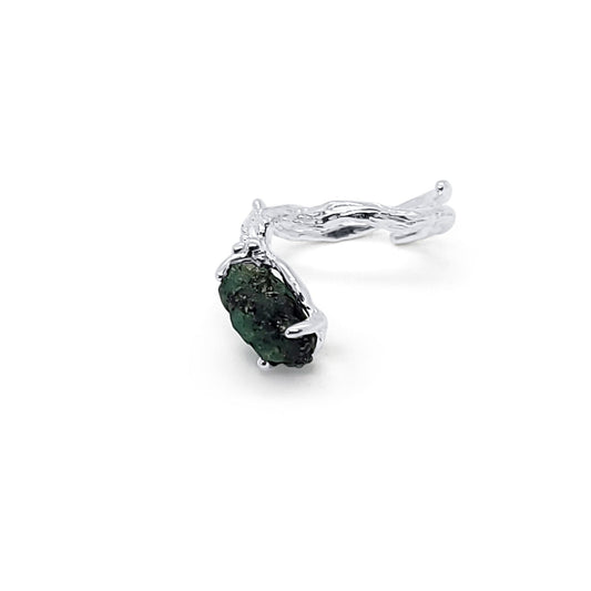 One of a Kind Silver Branch Adjustable Ring with Natural Raw Unpolished Emerald Gemstone &nbsp;