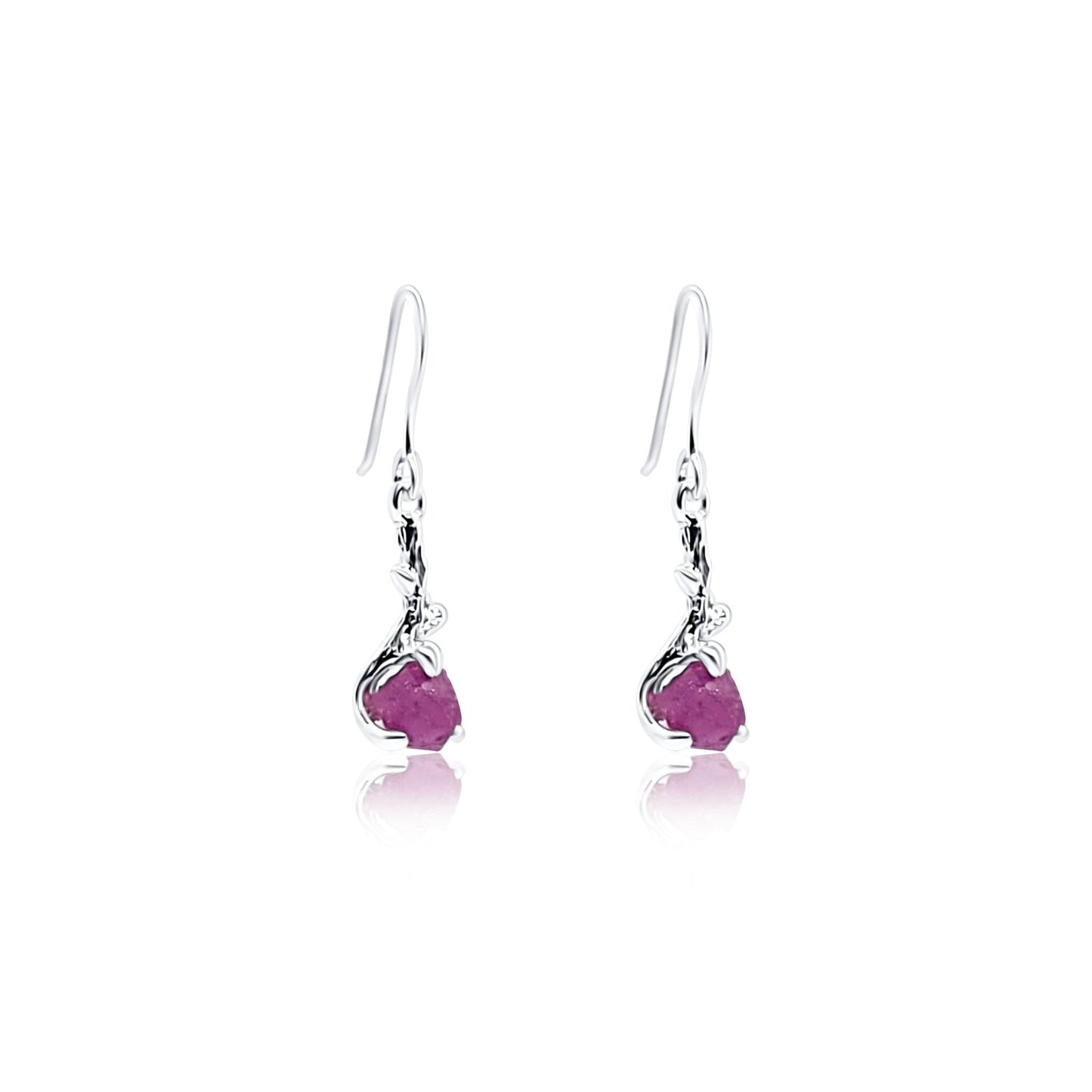 raw natural ruby earrings with silver branch setting