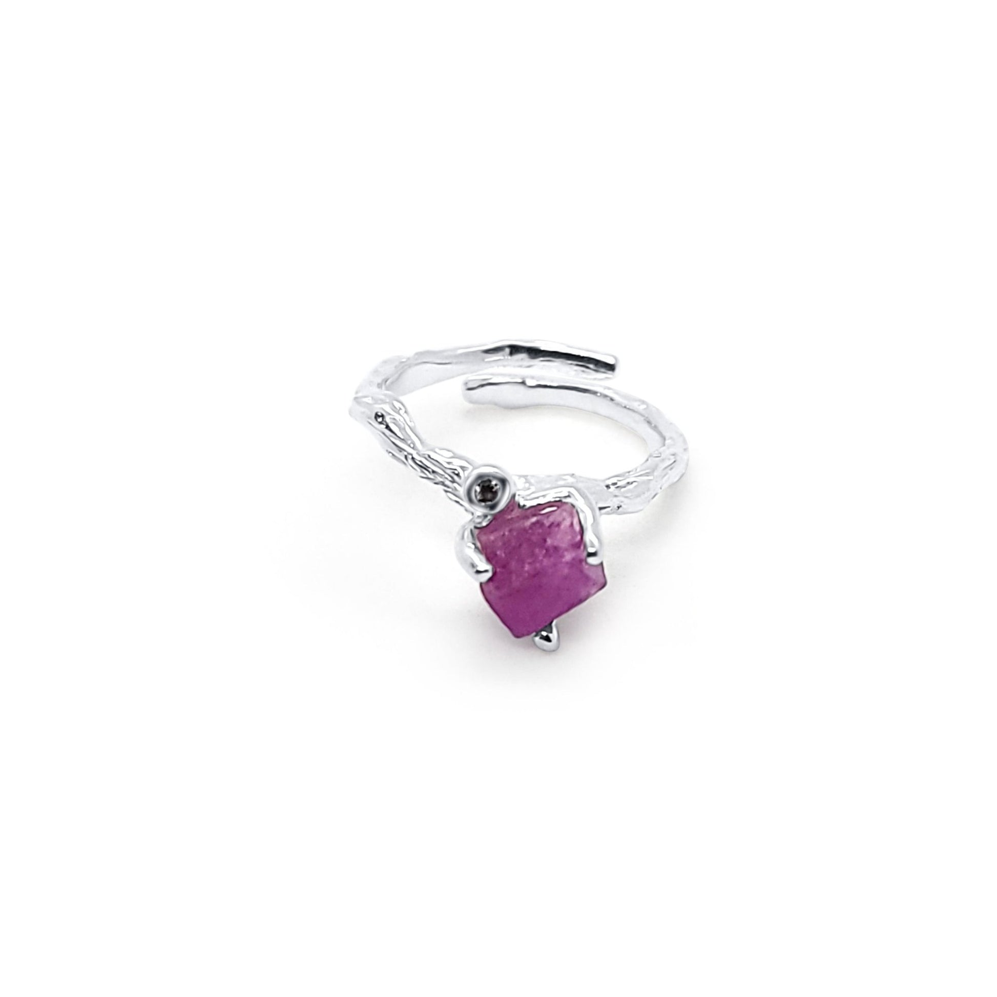 Raw ruby and zircon and silver adjustable ring with branch design. one of a kind handmade raw gemstone adjustable silver ring