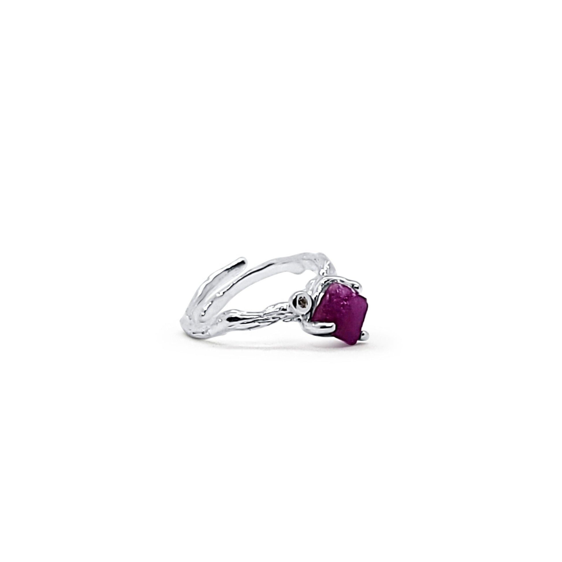 side view of Raw ruby and zircon and silver adjustable ring with branch design. one of a kind handmade raw gemstone adjustable silver ring