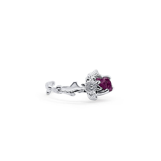 Raw ruby and zircon and silver adjustable ring with silver flower. one of a kind handmade raw gemstone adjustable silver ring with flower detail