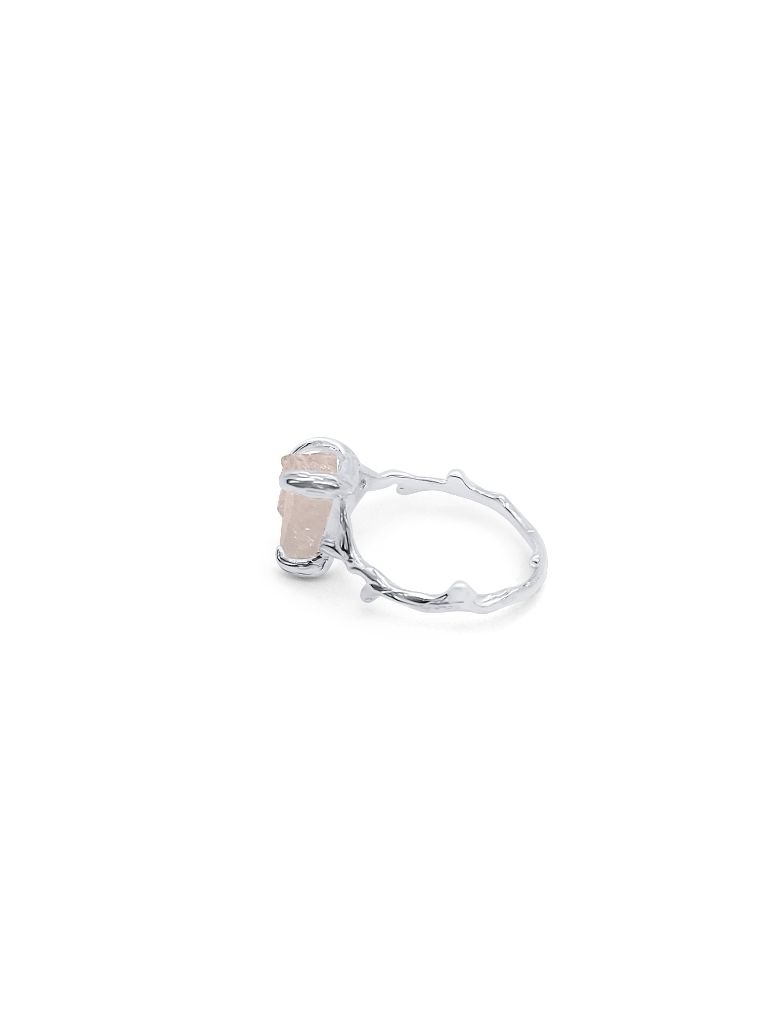 side of raw rose quarts silver adjustable ring