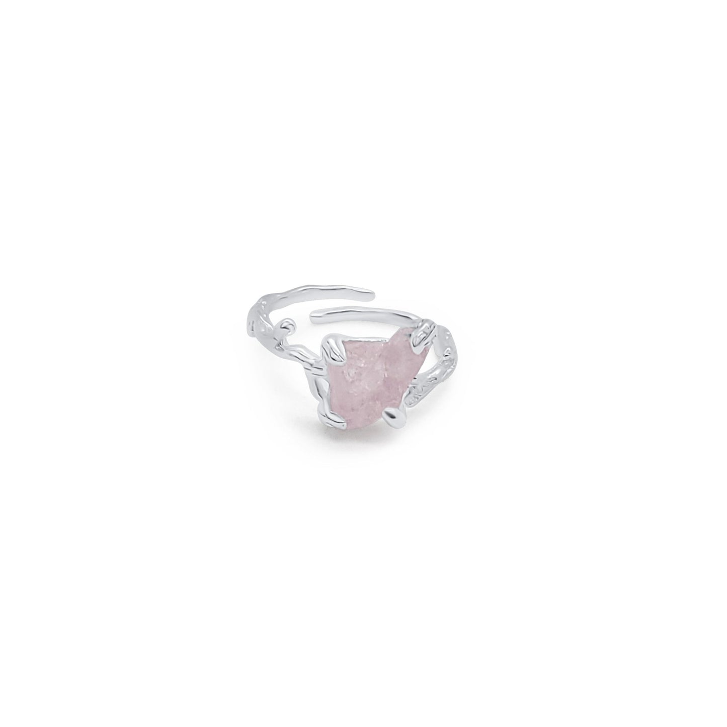 front view of adjustable silver and natural rose quartz ring with prong setting