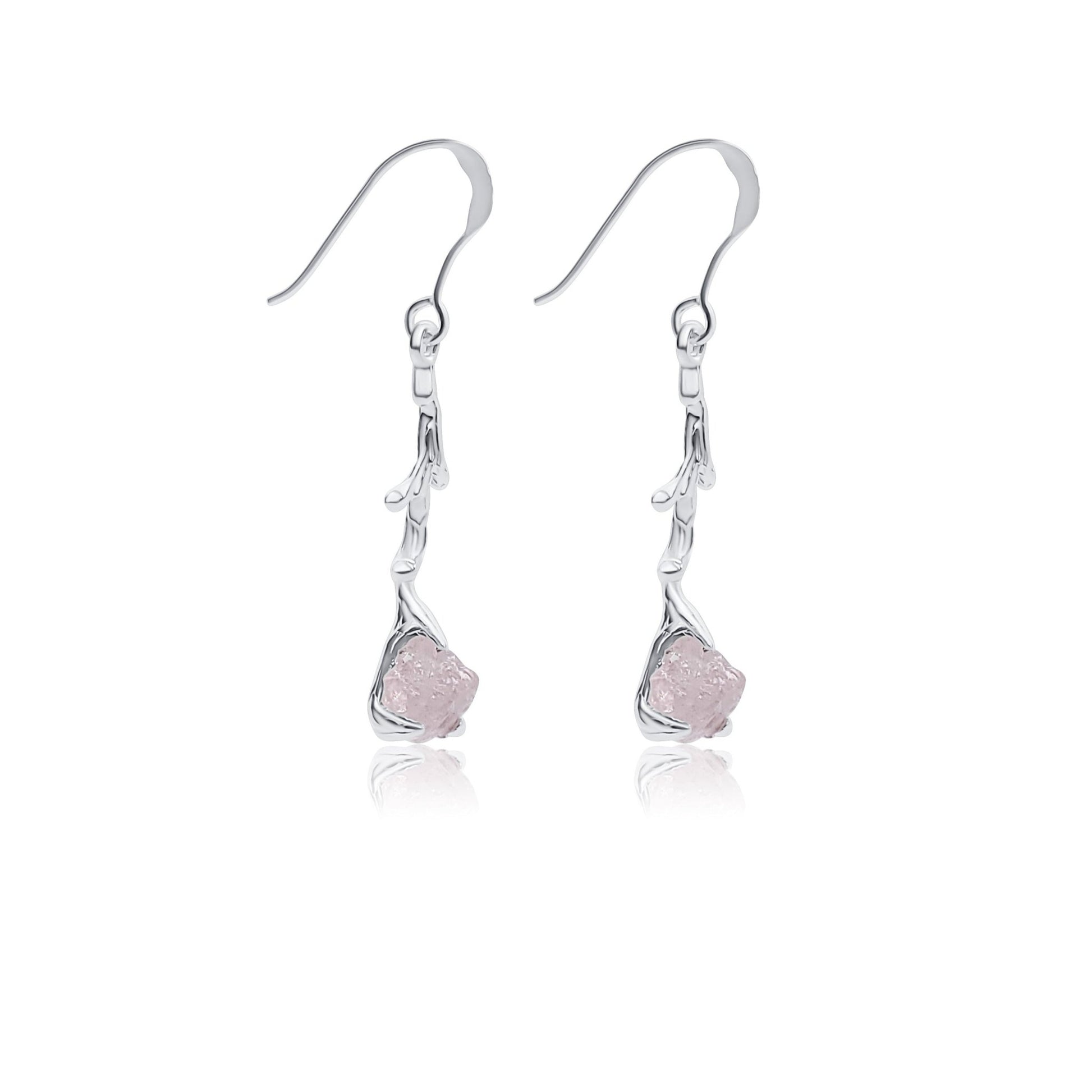 natural rose quartz silver dangle earrings with tree branch style